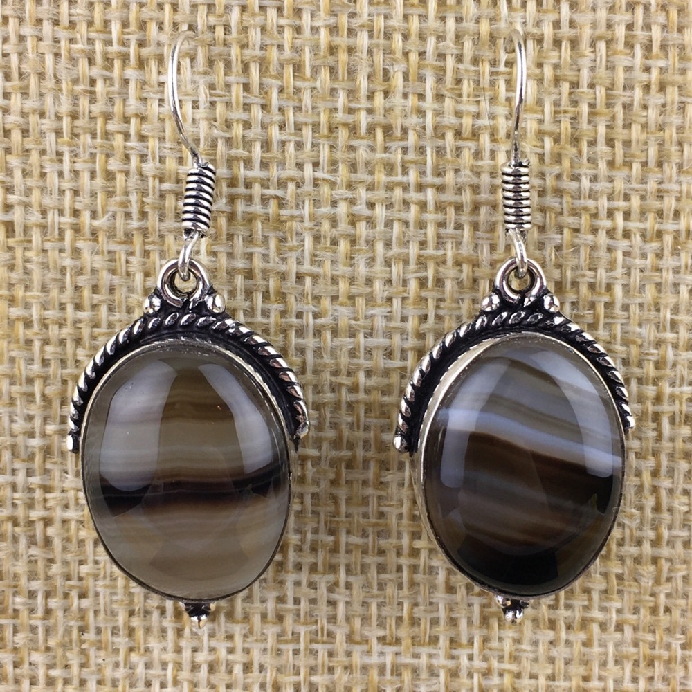 New Banded Agate Stone Silver Hook Dangle Earrings